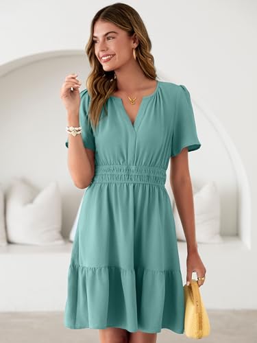 Image of Simplee Womens Casual Summer Dresses 2026 V Neck Short Sleeve Empire Waist Flowy A Line Ruffle Tiered Mini Sundress