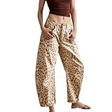 YSW Cheetah Barrel Jean Y2k pour femme Imprimé léopard Taille mi haute Baggy Boyfriend Jambe large Boho Pantalon, kaki, Taille M