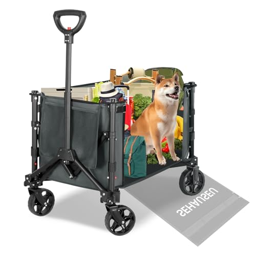 Campingwagen Klappwagen mit Bremsen, Strandwagen auf Großen All-Terrain-Rädern, Versenkbarer Griff Gartenwagen, Heavy Duty 600D, 120L 100kg, für Einkaufen Picknick Camping Transport, Grey