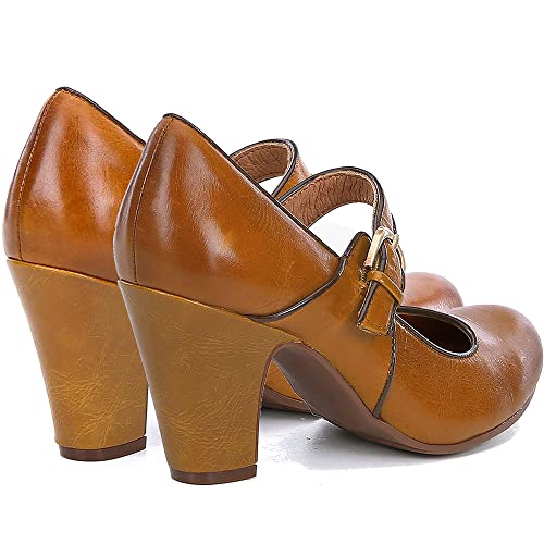 Image of SHODENSE Women Vintage Chunky High Heel Mary Jane Shoes Round Closed Toe Ankle Strap Dress Sandals 3 inch Block Heels Mary Jane Lolita Pumps Two-Toned Patchwork Buckle Office Lady Wedding Retro 4-11 M US