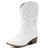 LAURMOSA White Cowboy Boots for Girls Cowgirl Boots Kids Horse Riding Boot Size 1 Cow Girl Western Boot Mid Calf Embroidered Zipper for Big Girls Party Birthday Country Easter Church (UKL1030White 1)