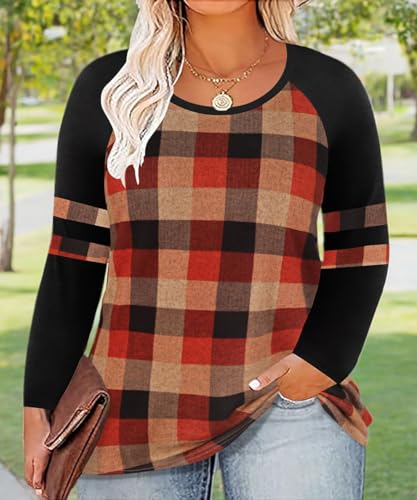 Image of CARCOS Plus Size Tops for Women Long Sleeve Fall Tunic Color Block Camo /Plaid /Leopard /Fall Blouse Crewneck Tshirt XL-5XL