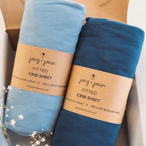 Image of Joey + Joan Fitted Crib Sheets 28 x 52 – Compatible with Standard Crib Mattress and Toddler Bed – 100% Jersey Cotton – Dusty Blue + Navy – 2 Pack