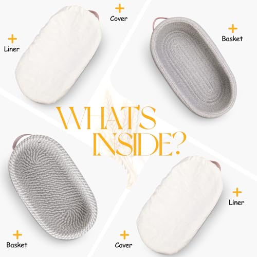 Image of Dimpola Banneton Bread Proofing Basket - Cotton Oval Banneton Basket Set of 2 Sourdough Proofing Baskets Round Proofing Bowls Handmade Rattan Baskets and Liners