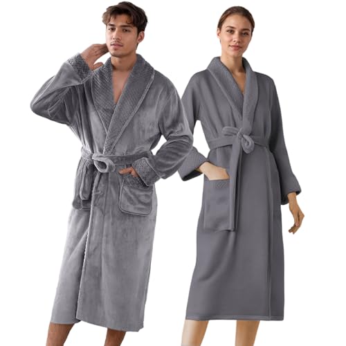 BESCH Albornoz Unisex de Franela para Hombre y Mujer Ultra Suave, Cálida con Bolsillo y Cinturón - Bata de Casa Polar Térmica Ligero, Acogedora (Gris Oscuro, XL/2XL)
