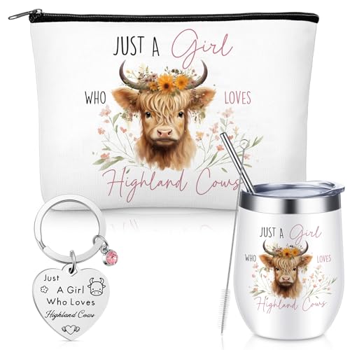 Hestya 3 Pcs Highland Cow Gift Set for Women, Including 1 Highland Mug 1 Keyrings 1 Cattle Makeup Bag, Just a Girl Who Loves Gifts for Animal Cow Lover Women