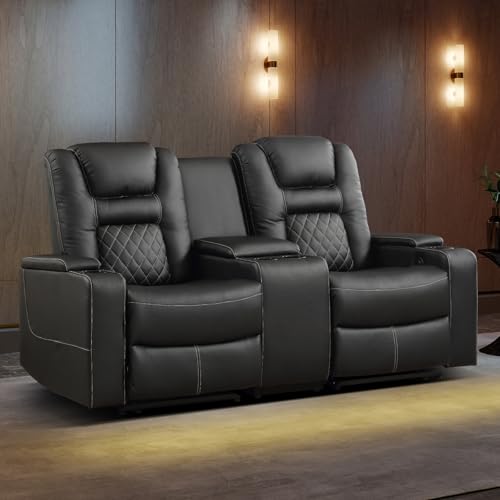 EBELLO Home Theater Seats, Faux Leather Movie Daul Recliner Chair with Console, Power Gaming Loveseat Sofa with Cup Holders and USB Charge