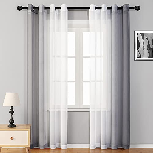 MYSKY HOME Ombre Grey Sheer Curtains for Bedroom Top Grommets Faux Linen Semi Gradient Sheer Drapes for Living Room Grey Sheer Privacy Curtains 84 inch Long , Set of 2 Panels
