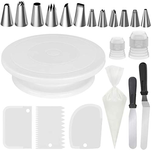 InnoGear - Espátula giratoria de 28 cm, 3 glaseados, 12 boquillas para pasteles, 2 acopladores y 50 bolsas de repostería desechables (acero inoxidable)