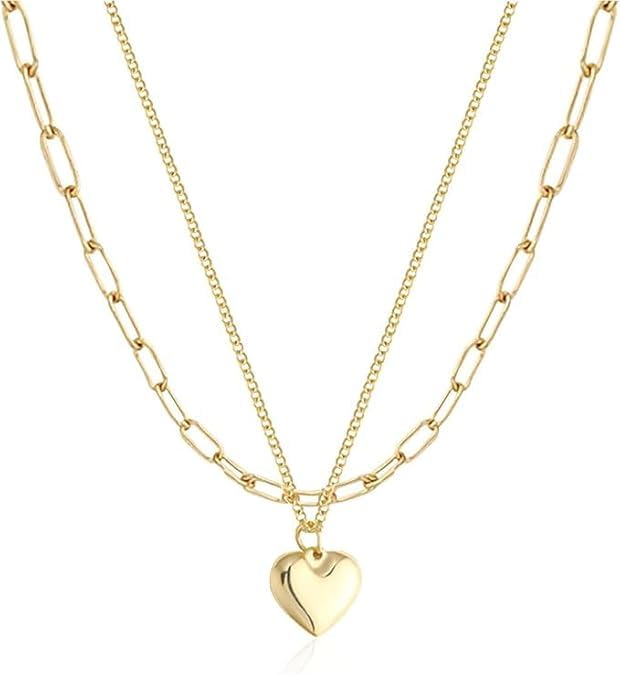 Layered Chain Necklace, Gold Plated Heart Pendant, Double Strand Chain Design For Women-image-8