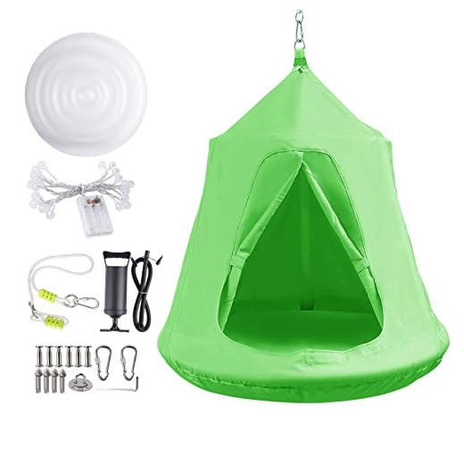 Hanging Tree Tent, Hammock Swing Chair, Portable Tent Play House, with LED Rainbow Lights, Inflatable Cushion, Safety for Adult and Kids Indoor Outdoor, Max Capacity 330LBS (Green)