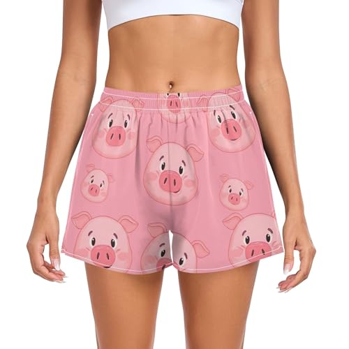 Short de corrida rosa com cara de porco fofo roupas curtas femininas shorts atléticos com bolsos cintura alta stretch para treino, pequeno, Caras de porco fofas rosa, M