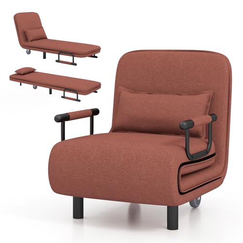 IFANNY Convertible Sleeper Chair Bed, 4-in 1 Sofa Bed Chairs for Adults, Cozy Folding Chaise with 2 Lockable Casters, 5-Position Adjustable Backrest & Pillow, Single Lounge Couch for Office, Apartment