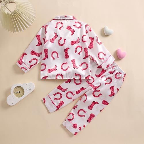 Western Baby Girl Silk Pajamas Set Cowgirl Button Down Long Sleeve Shirts Tops and Pants 2 Piece Satin Pj Lounge Sets3