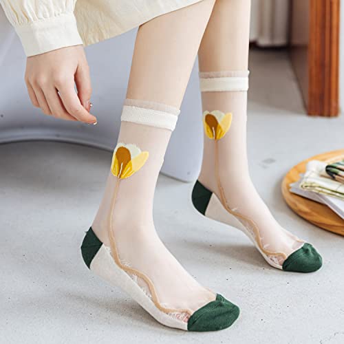 zrylibya Womens Sheer Socks Transparent Thin Mesh Lace Elastic Crew Socks See Through Jacquard Crystal Nylon Socks2