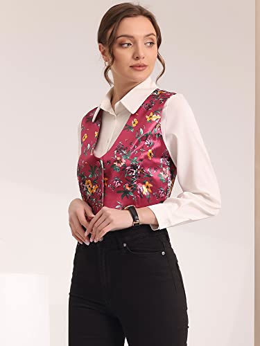 Allegra K Women's Floral Pattern Button Closure Satin Waistcoat Vest Small Rose Red #TOP2