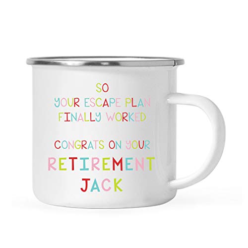Andaz Press Funny Retirement 11oz. Stainless Steel Campfire Coffee Mug Gift, So Your Escape Plan Finally Worked Congrats On Your Retirement Jack, 1-Pack, Camp Cup Gifts Ideas