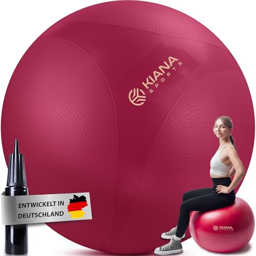 KIANA SPORTS Gymnastikball & Sitzball - 4 Größen - Deutsche Entwicklung - Rutschfester Yoga Ball mit Noppen - Extra Dick & Belastbar - inkl. Pumpe & Übungsplan – Ideal für Fitness & Büro