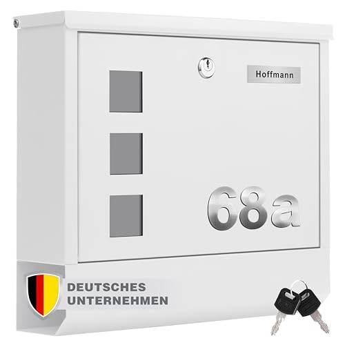 Zedelmaier XL personalisiert Briefkasten mit Edelstahl Namensschild Wandbriefkasten Postkasten Briefkästen mit Zeitungsfach und Schloss Mailbox inkl. 2 Schlüssen Letter Box 9 x 31 x 35 cm(Weiß)