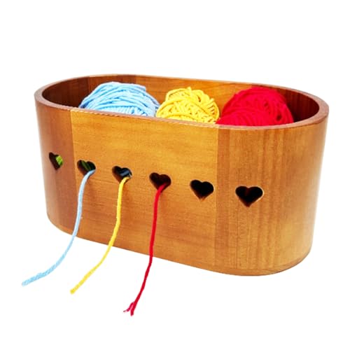 Image of Wooden Yarn Bowl for Crocheting and Knitting, Large Yarn Storage Crochet Bowl, Handmade Yarn Holder Bowl with Heart-Shaped Holes on Both Sides