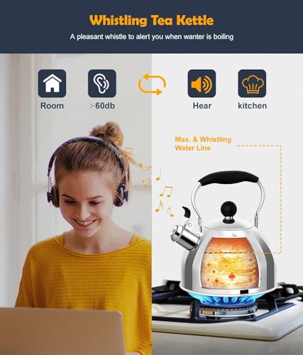 Tea Kettle, 2 Quart Stainless Steel Whistling Tea Kettle, Stovetop Whistling Teakettle Tea Pots for Stove Top with Ergonomic Folding Handle, Small Teapot, Water boiler for Tea, Coffee (Silver) - Thumbnail 2