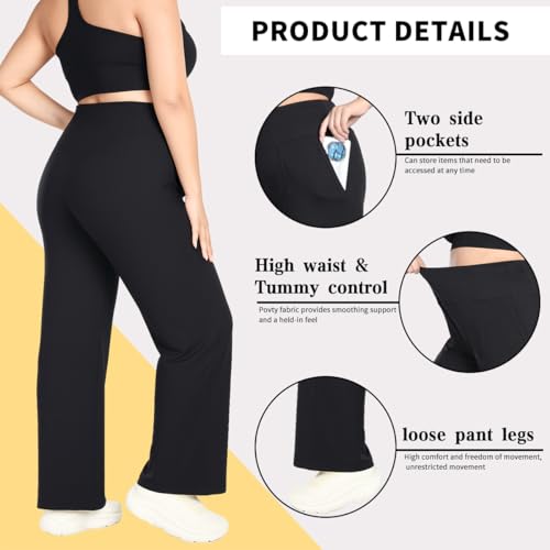 POVTY Women's Plus Size Wide Leg Pants High Waist Loose Stretch Lounge Pants with Pockets Casual Yoga Work Sweatpants Black-XXL by POVTY - Used condition - Image 3