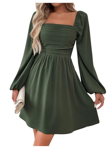 Floerns Women's Lantern Long Sleeve Mini Dress Square Neck Ruched A Line Dress Green Medium