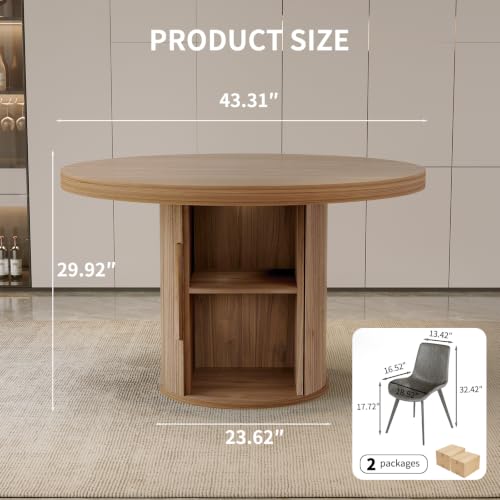 Image of HIPIHOM 5-Piece Dining Set for Small Spaces 43.3 inch Round Table & 4 PU Leather Chairs, Modern Farmhouse with Storage Shelf, Apartment Kitchen Easy Assembly (Walnut Color Table + 4 Modern GreyChairs)
