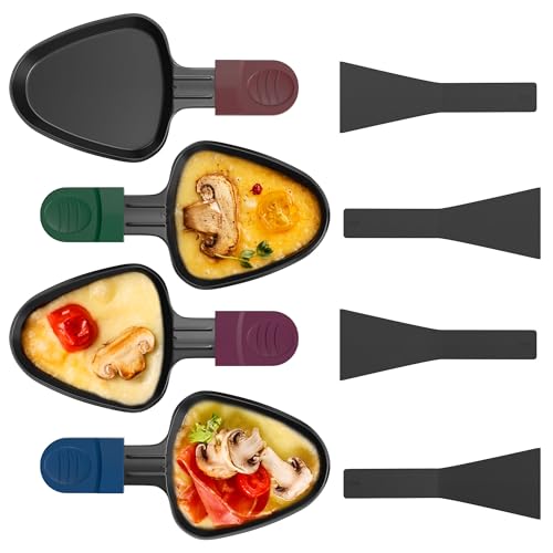 Yoassi Lot de 4 Poêlon Raclette Triangulaire Anti-adhésif, Coupelle Raclette Triangle avec Poignée Colorée Anti-brûlure pour Fromage Fondu, Oeuf Frit, 4 Pcs Pelle en Nylon Passées au Lave-vaisselle