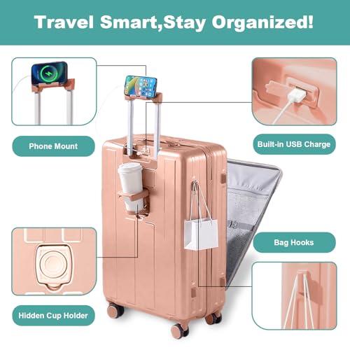 Gets Carry on Luggage Airline Approved,20 Inch Abs+Pc Hardshell Spinner Luggage With Cup Phone Holder and USB Charger,Front Pocket Durable Suitcase for Women Men-Pink3