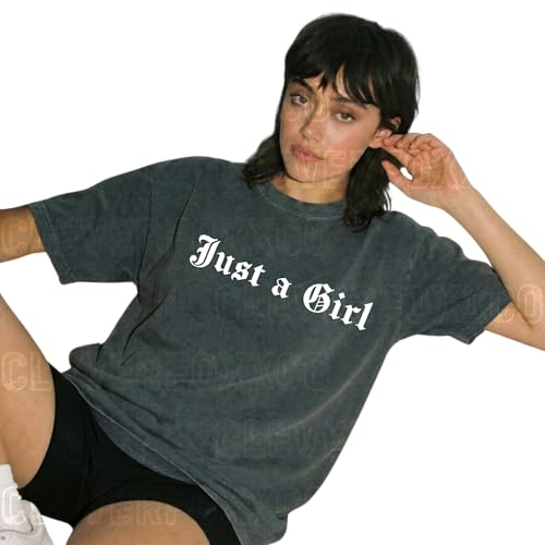 Minimal Gothic Just A Girl Garment-Dyed T-Shirt, Vintage Old English Graphic Tee, Retro Coquette Statement Shirt, Soft Grunge Alt Girl Birthday Gift Tee Y2K Style Multi