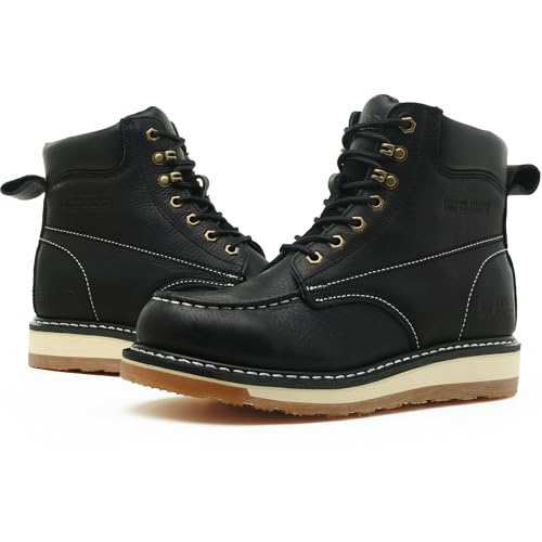 Image of Moc Toe Work Boots for Men Waterproof Soft /Steel Toe Comfortable Full Grain Leather Non Slip Wedge Outsole Construction 6 inch Workboots