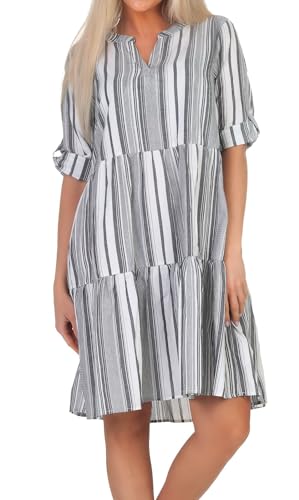 FRESH MADE Damen Midi Kleid LFM-175 Tunika Damenkleid Knielang mit Streifen Black/Offwhite M