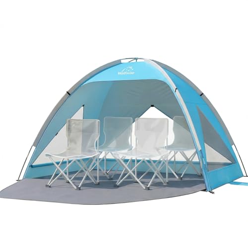 Wolfwise Large Beach Tent Sun Shelter for 3-4 Person, UPF 50+ UV Protection Beach Shade Tent, Portable and Easy Setup Cool Cabana with Privacy & Ventilation Window, 95 ″x65″x55″, Blue