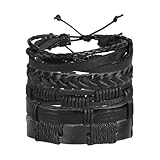 JECOMPRIS Pulsera de Cuero Ajustable para Hombre, Pulsera Retro Trenzada de 5 Piezas, Brazalete Creativo de Piel Sintética Negra para Decoración de Mano y Uso Diario