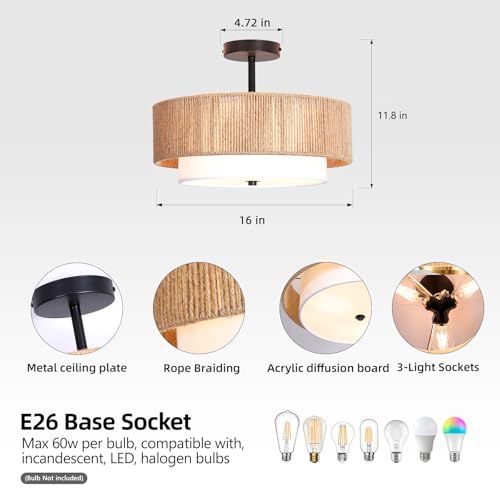 Lornwick Rattan Flush Mount Ceiling Light,Boho Bedroom Fixture by Lornwick - Used condition - Image 3