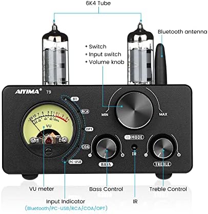 AIYIMA T9 Bluetooth 5.0 6K4 Vacuum Tube Amplifier 2.0 Channel TPA3221 USB DAC 100Wx2 Stereo Receiver Amp COAX/OPT HiFi Home Audio Digital Amplifiers with VU Meter
