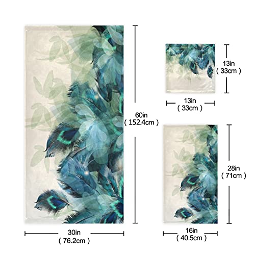 Hatesah Bath Towels Set,Soft Absorbent Watercolor Peacock Feather Teal Turquoise Floral Green Leaf Print 3 Piece Bathroom Towels,1 Bath Towel,1 Hand Towel,1 Washcloth,Decorative Towels For Spa,Gym #TOP2