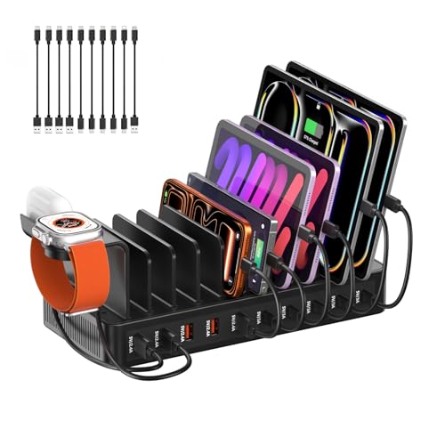 Station de Recharge Multi-appareils 100W, Chargeur 10 Ports USB C+USB A, Support de Bureau pour téléphone et Tablette, adapté au Rangement des appareils,...