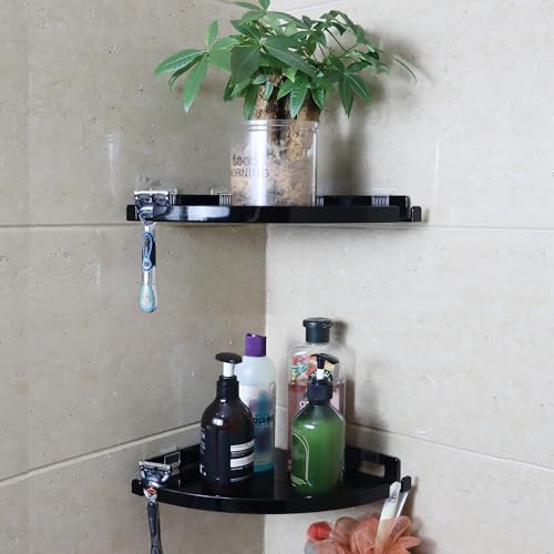 JiePai Acrylic Corner Shower Caddy Shelf with Hooks 2 Pack, Adhesive Wall Mounted Bathroom Shower Shelf Organizer for Inside Shower & Kitchen Storage