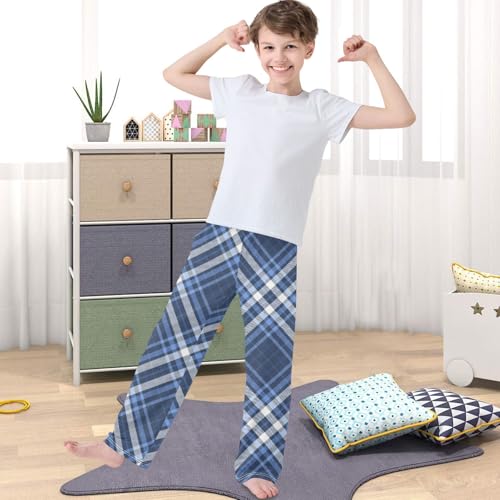 Boy's Pants Plaid Dark Navy Blue White Jogger Pants Elastic Waist Long Bottoms Trousers with Pockets 6-14 Years4
