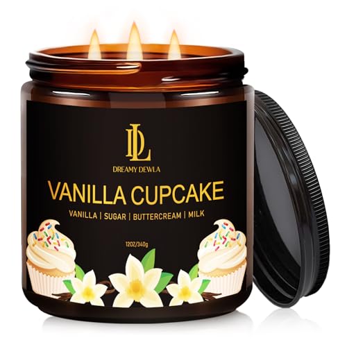 Vanilla Cupcake Scented Candle, 12oz 60 Hour Long Lasting Candles, Large 3 Wick Natural Soy Candles for Home Scented, Candle Gifts for Women Men