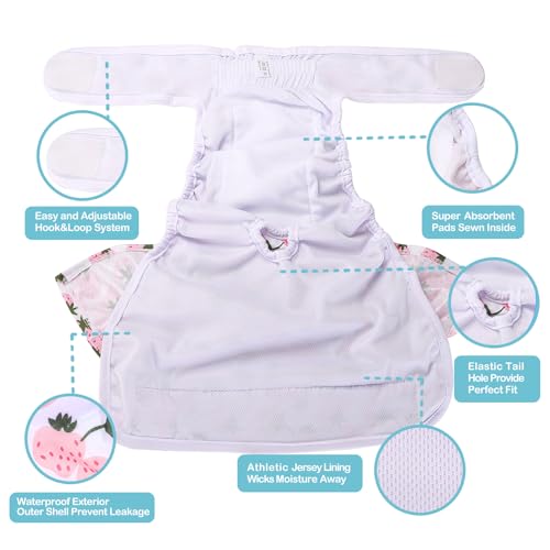 Avont 3 Pack Washable Female Dog Diapers, Reusable Period Diapers Cover for Girl Doggies Heat Cycle, Incontinence -Strawberry/Orange/Cherry(XS)