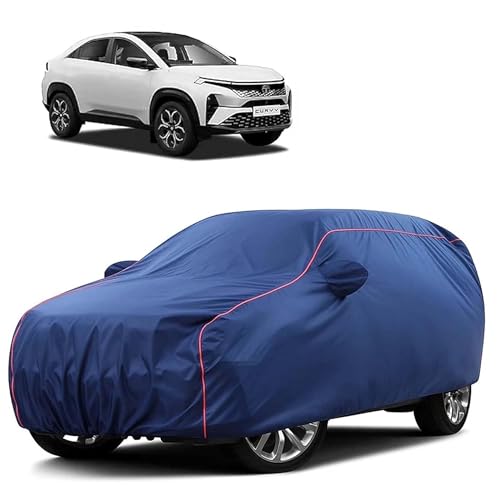 Image of Sulfar 100% Water Resistant Car Body Cover Compatible with Mirror for Tata Curvv (Triple Stitched, Full Bottom Elastic, Blue Tafetta with Red Piping)