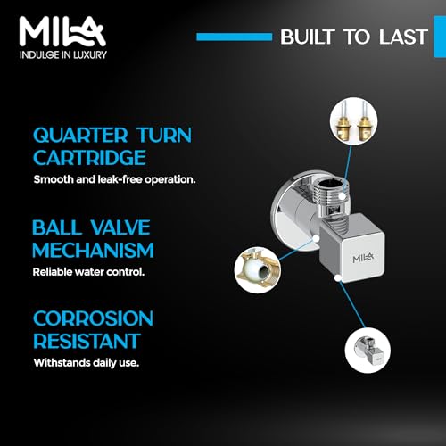 Image of Mila Square Brass Angle Valve with Wall Flange - Pack of 2 | Mirror Chrome Finish | Quarter Turn Cartridge | inch BSP Male Thread Inlet & Outlet | Durable, Leak-Proof, Multi-Purpose| 10-Year Warranty