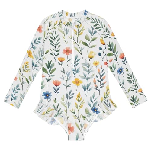 Flowers Cactus Bellflower Canna White Girl Long Sleeve 1 Piecing Swimsuit Sun Protection Swimwear Bathing Suit Toddler