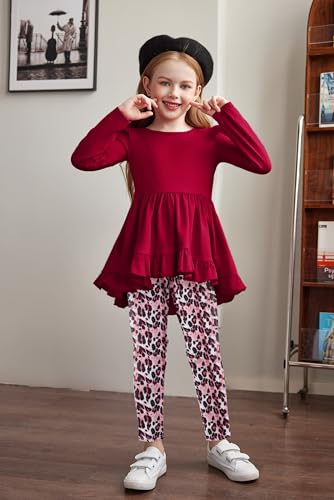 Image of Arshiner Toddler Girl Clothes Ruffle Trim Long Sleeve Pullover Top and Floral Print Leggings Fall Outfits Kids Clothing Sets