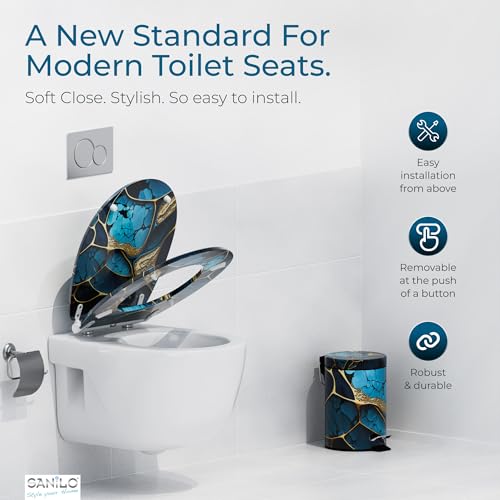 Image of Sanilo Wooden Toilet Seat with Quick Release & Soft Close [ROUND] - Decorative & Slow Close Molded Wood Seat - With One Click for Easy Installation & Cleaning - With Adjustable Fit (Marble Cobalt)