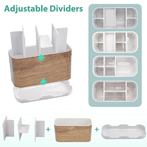 Boperzi Toothbrush And Toothpaste Holder Wood Grain For Bathroom Countertop With Adjustable Dividers, Toothpaste Caddy Organizer Storage Rustic Set Anti-Slip For Shower,Kitchen,Farmhouse,Family,Kids #TOP3