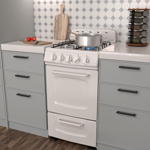 Avanti GRO20P0W Gas Range Oven Compact Freestanding Design, 4 Burners with Electronic Ignition, 2.1 Cu.Ft. Capacity Features Solid Door Storage Drawer Broiler and Accessories, 20-Inch, White
